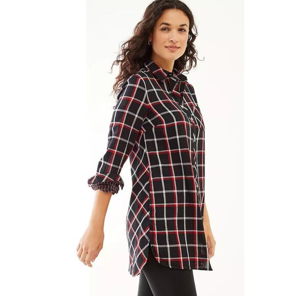 J. Jill Perfect Plaid Tunic Button Front Shirt Top Plus Size 2X Black Red Pocket - Picture 9 of 9